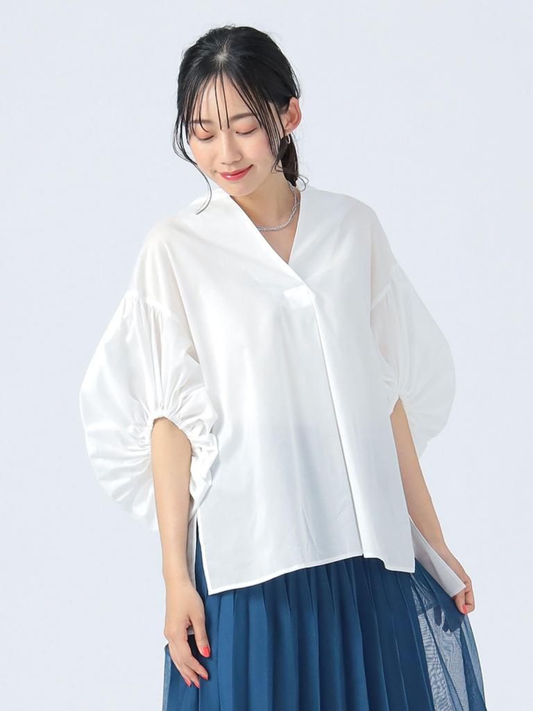 Beams Heart Shirt with Gathered Sleeves and Skipper OFF One Size Women's S/S Top, WHITE,