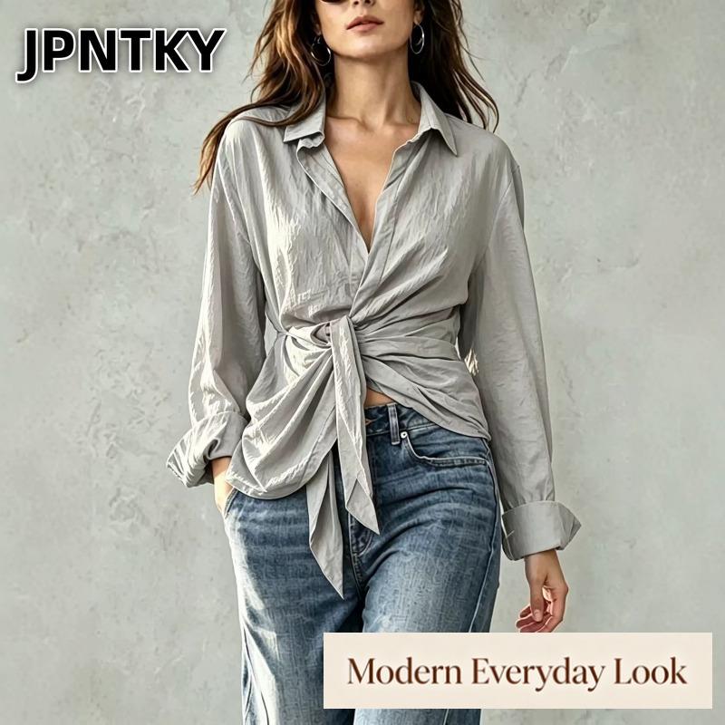 Женская модная повседневная блузка-рубашка JPNTKY с длинным рукавом и воротником-поло