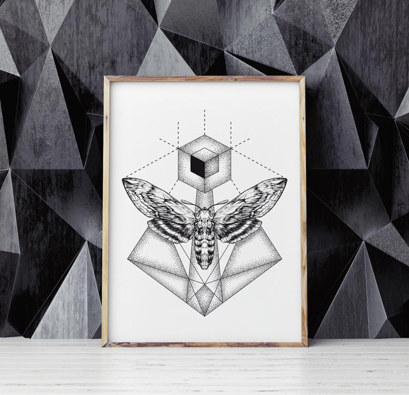 Plakat ćma motyl geometryczny dotwork