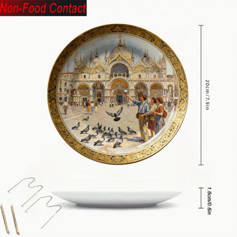 1pc Venetian St. Mark'S Square Ceramic Decorative Plate - Non-Food Contact, Classic Round Tabletop Art for Home, Office, or