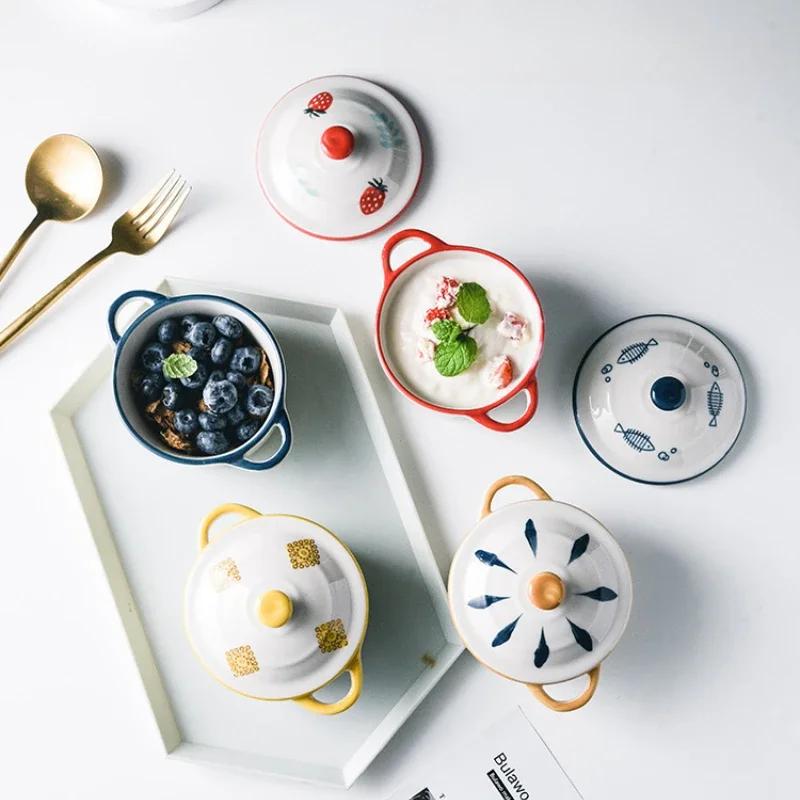 Милая мини-керамическая миска для клубники с крышкой, чашка для фруктового салата, лапша рамен, миска для приготовленных на пару яиц для детей, кухонная посуда