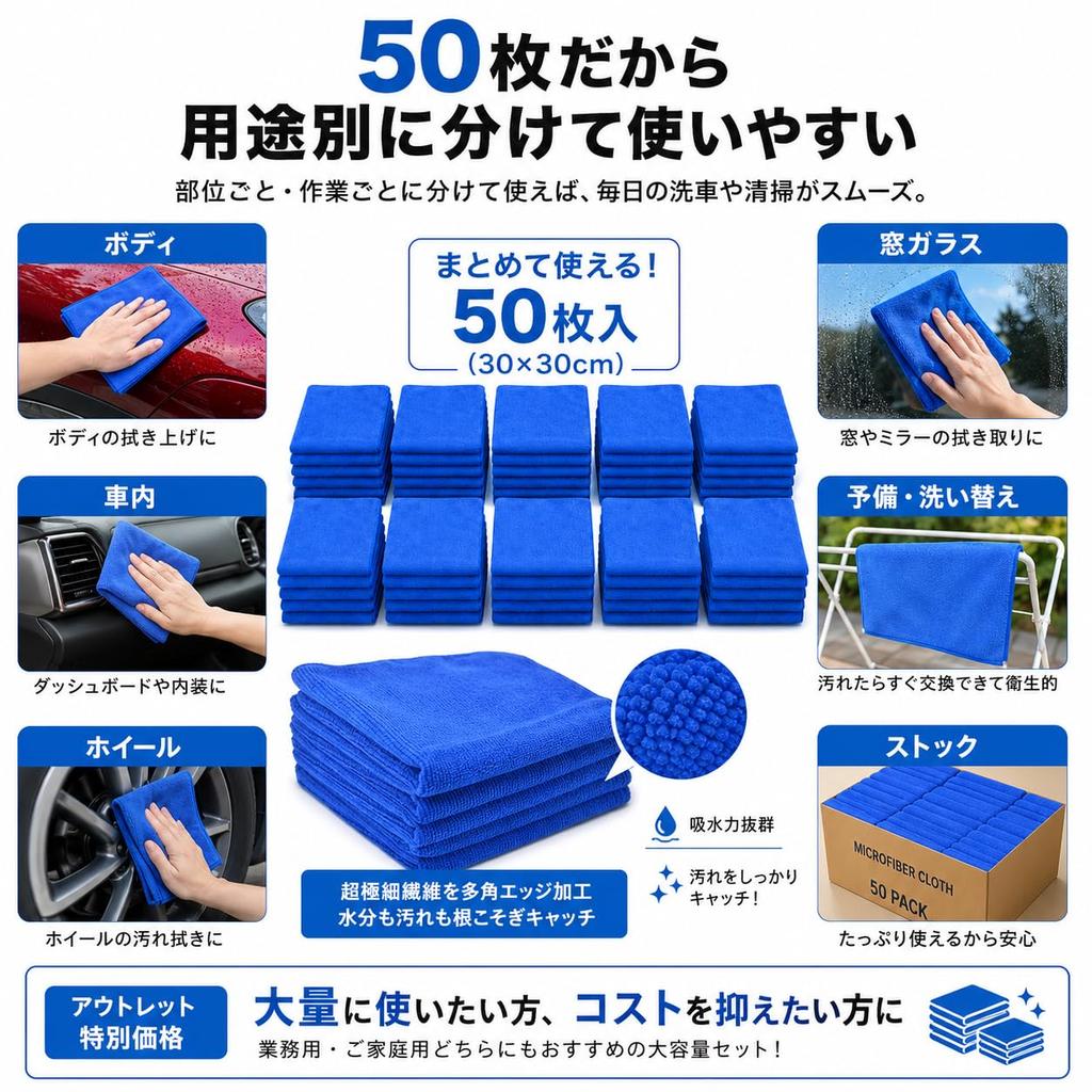 TARO WORKS Полотенца для мытья автомобилей, Микрофибра, Универсальные салфетки, 50 штук (Слегка дефектный)