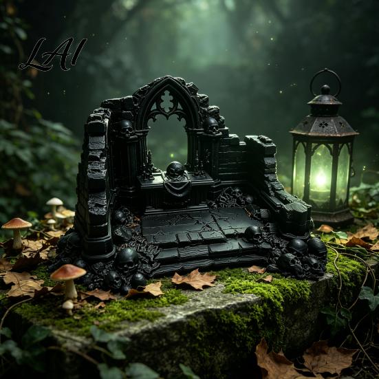 Miniature Puppet Scene Setting Gothic Ruin Skull Altar Table Ornaments 3D Printed Broken Chapel Castle Ruins Diorama Props Halloween Spooky Desktop
