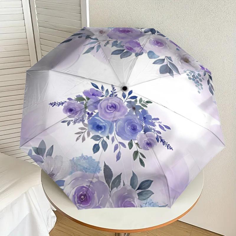Elegant Purple Floral Automatic Folding Umbrella with 3-Fold Design, Iron Frame for Outdoor Use, Perfect Gift for Fans and Travelers1125065a
