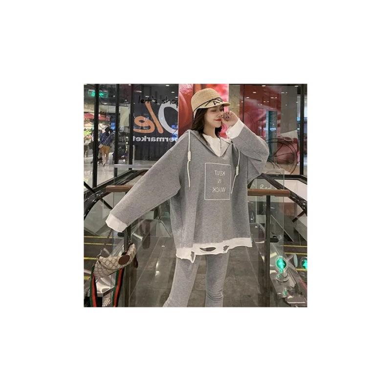 Женский осенний рваный худи с капюшоном и утягивающие леггинсы, комплект из двух предметов