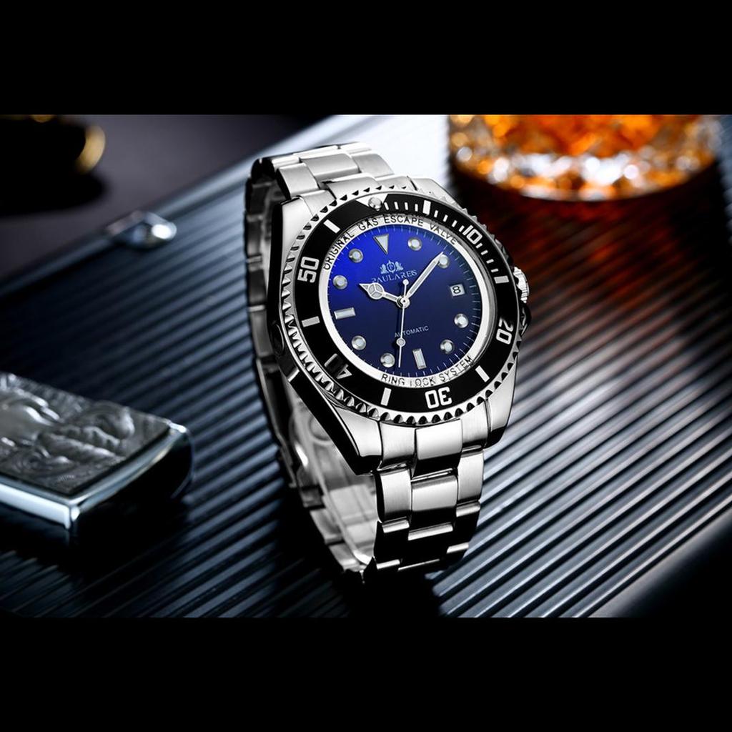 Paulareis Полностью автоматические механические светящиеся однотонные стальные ремешки, синие, красные и зеленые мужские часы с лапшой, автоматические часы