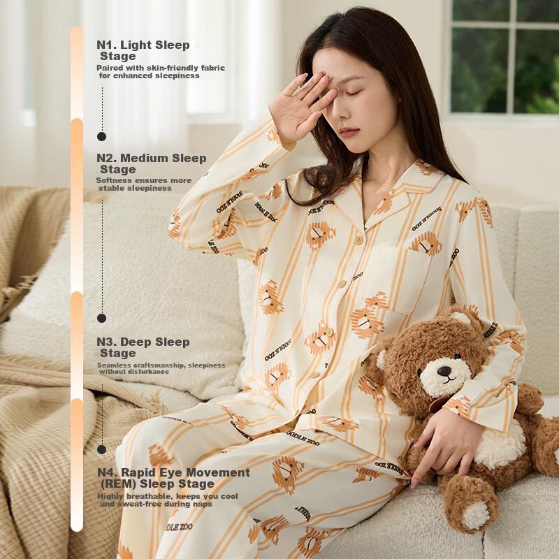 MiiOW Spring Autumn Pure Cotton Skin-Friendly Lapel Cardigan Sleepwear Homewear Set Valentine' Day Gift for Girlfriend