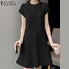 ZANZEA Женское повседневное плиссированное однотонное свободное платье трапециевидной формы с короткими рукавами и круглым вырезом