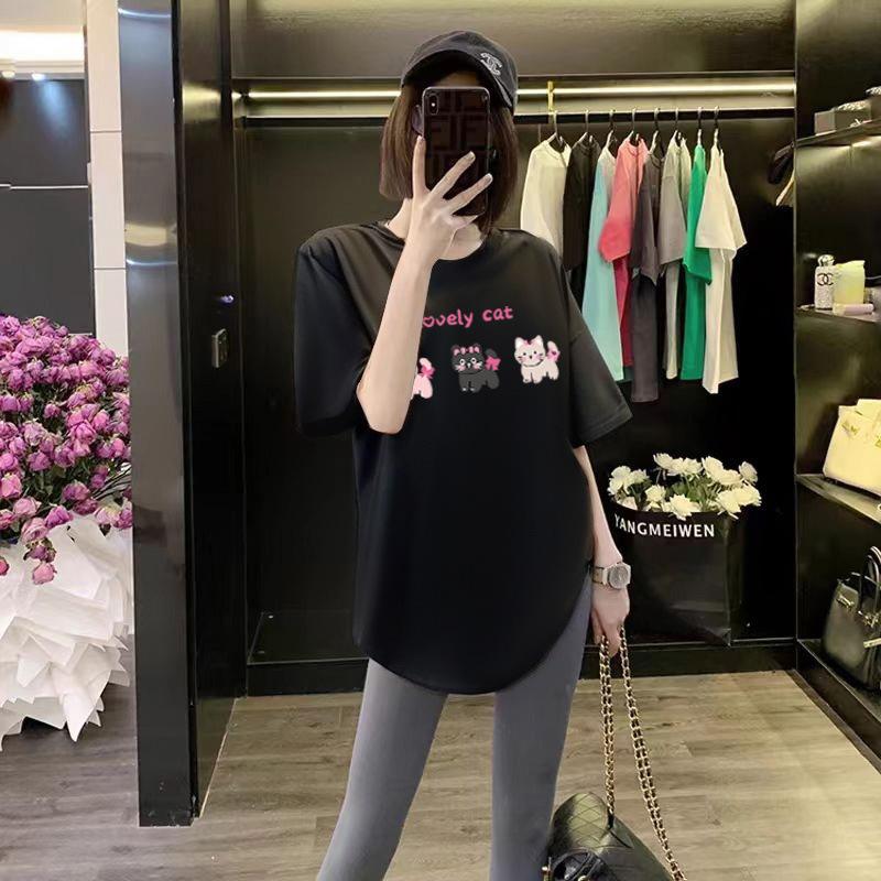 Summer New Niche Black Mid-length Curved T-shirt Women's Loose Top Cartoon Printed Short-sleeved Early Spring