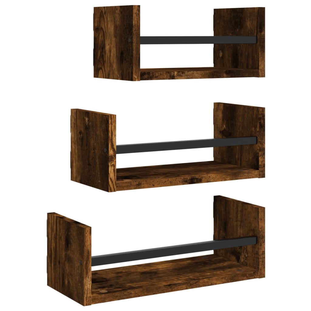3 Piece Wall Shelf Set with Bars Smoked Oak Wood Based Material
