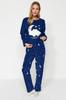 Women's Fashion New Pajama Set Navy Blue Galaxy Patterned Fleece Tshirt-Pants Knitted Pajama Set