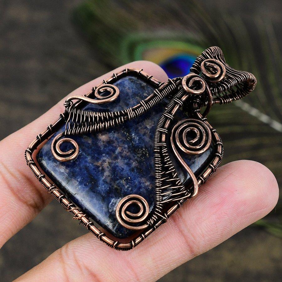 Содалит Драгоценный камень Медная проволока Обернутый Ювелирный Кулон 2.44
