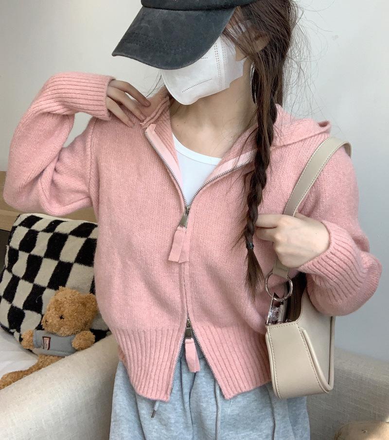 Women's Gray Zip-Up Hooded Knit Cardigan – Pure & Sexy Style, Autumn Short Sweater Top