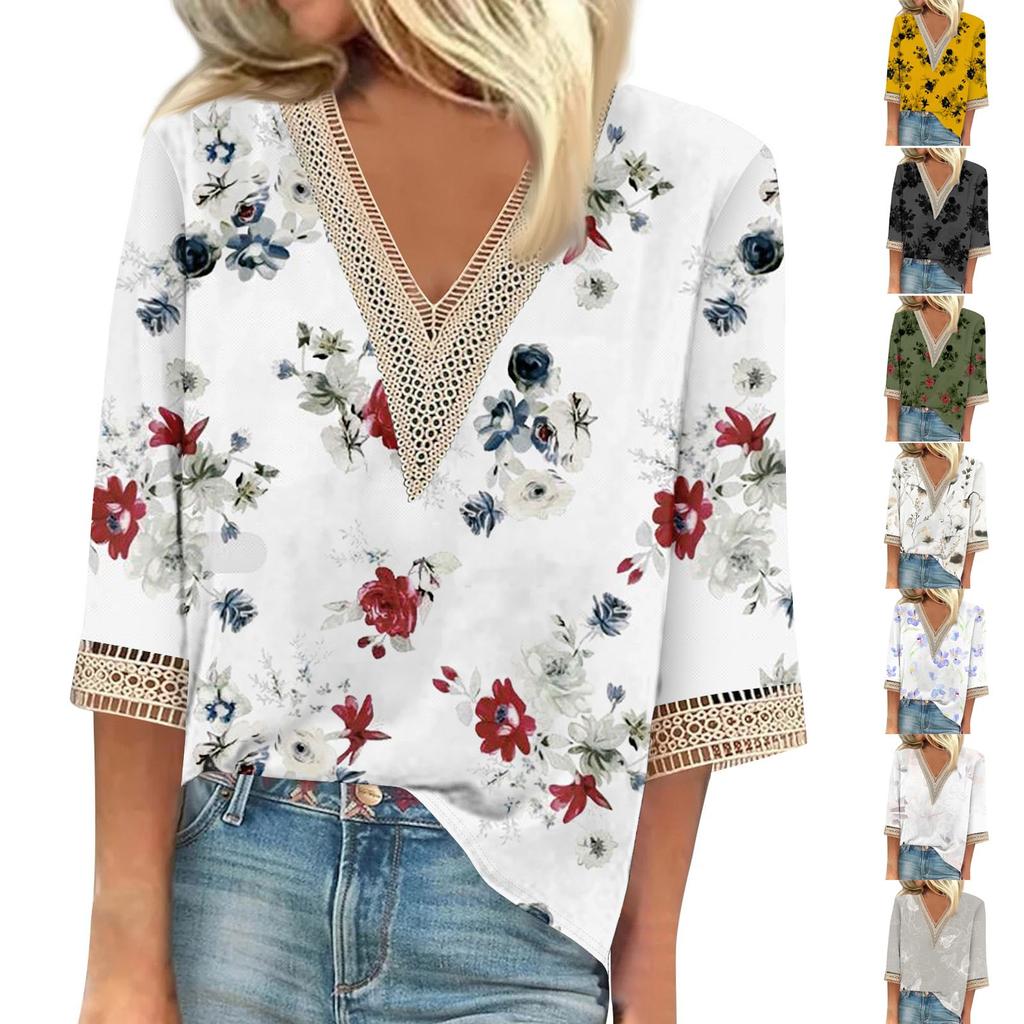Women's Shirt Blouse Casual Loose Shirts 3/4 Sleeve Lace Print V Neck Tops Print Tops T-shirts Tee