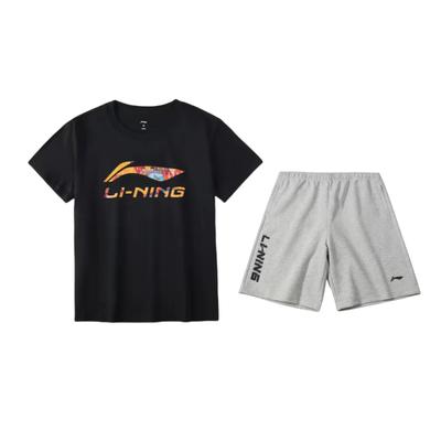 Футболка с круглым вырезом и короткими рукавами с принтом бренда Li Ning, вышитым логотипом и надписью, шорты до колена, повседневный спортивный костюм AHSU837-1+AKSU747-2