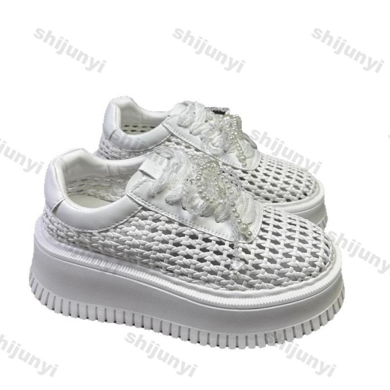 Модная женская обувь 2025 Лето Новые увеличивающие рост сетчатые дышащие туфли на платформе Легкие на шнуровке с бантом Повседневная обувь