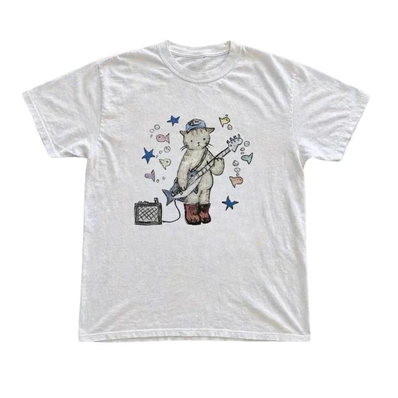 Rock Cat White T-Shirt, Animal Tee, Unisex Vintage Graphic Tees Sizes S-5XL