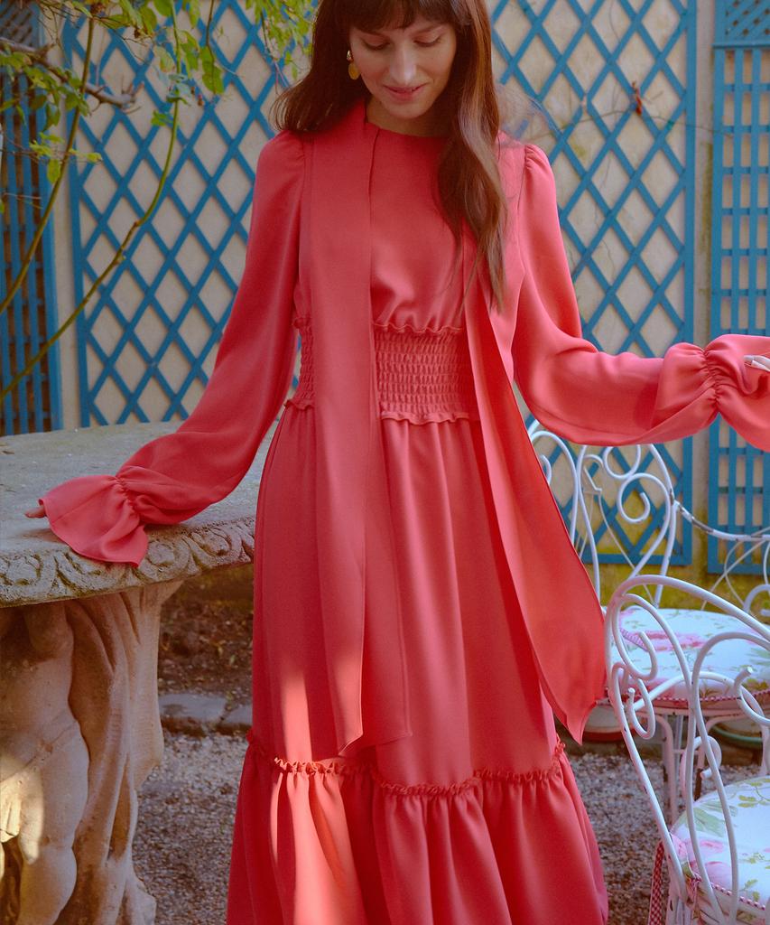 Ossi Living Coral Ribbon Frill Smocking Dress