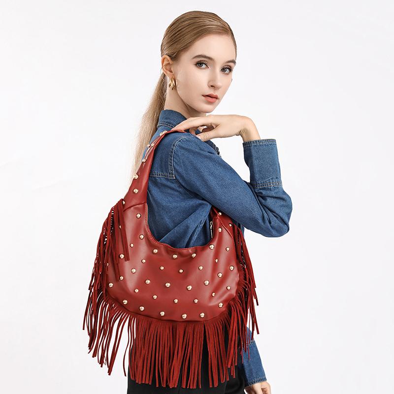 Yogodlns Модная женская сумка подмышку с индивидуальностью, ретро, с кожаной текстурой, с кисточкой и заклепками, универсальная, простая, трендовая наплечная сумка