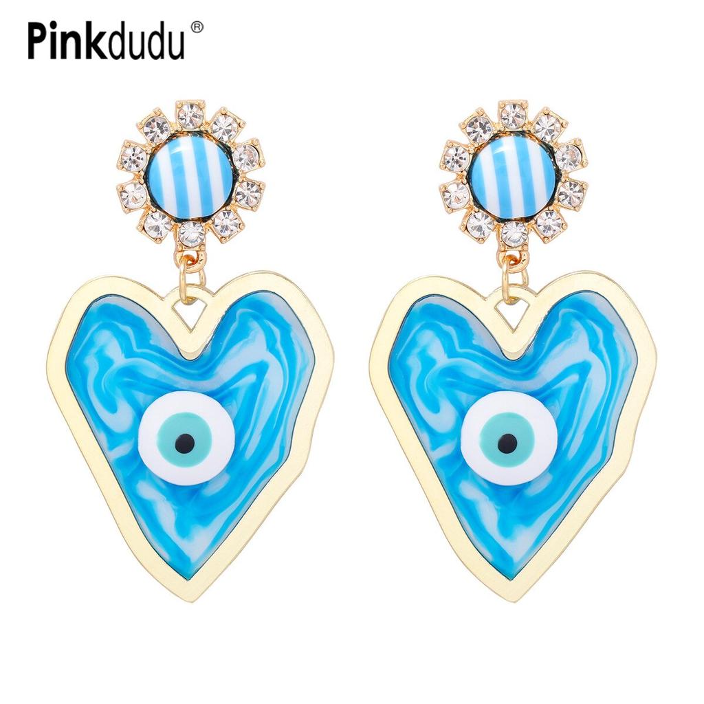 Pinkdudu New Fashion Blue Heart Devil's Eye Drop Earrings Exaggerated Creative Red Green Earring for Women Jewelry PD1244
