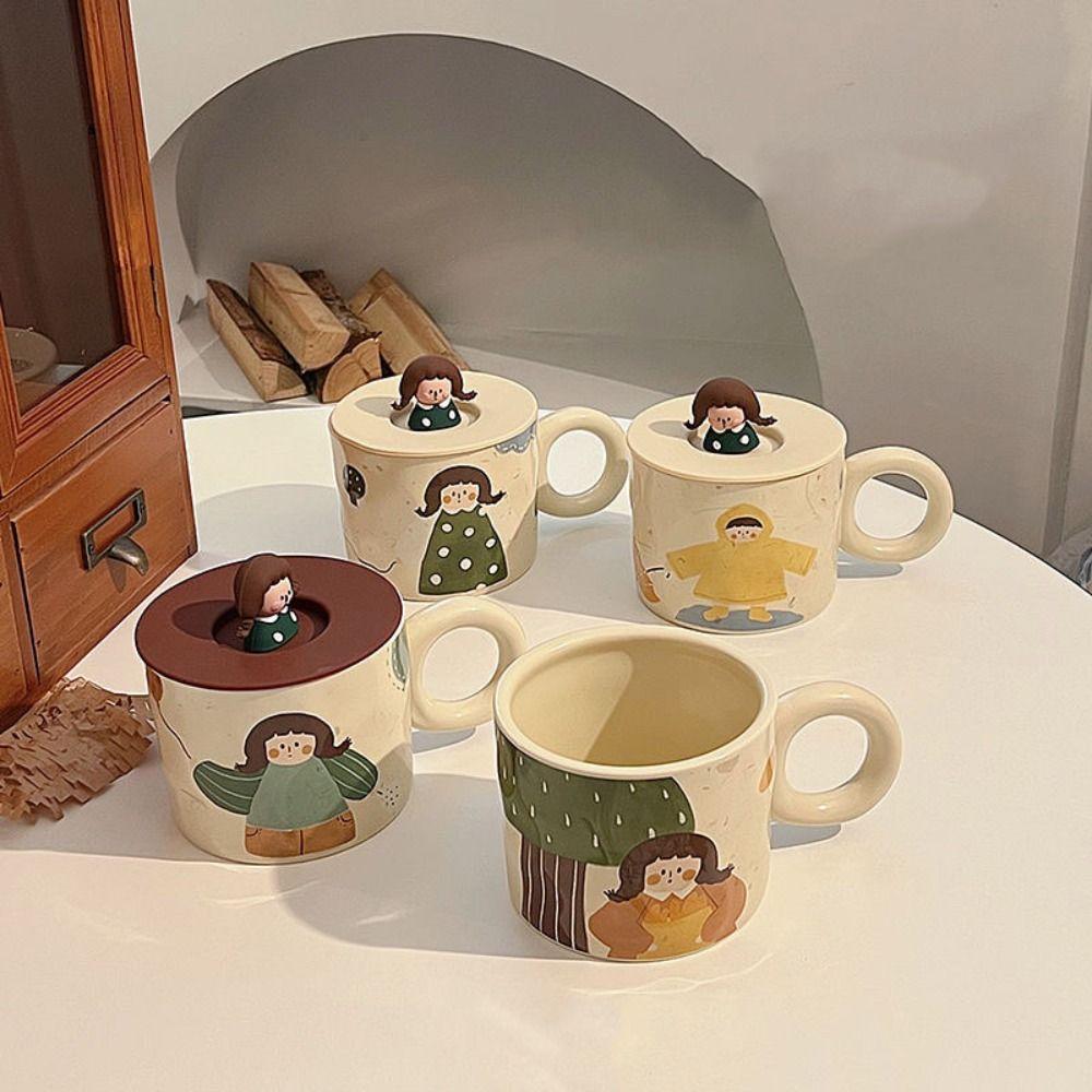 Handpainted Cartoon Ceramic Coffee Mugs 420ml Capacity Retro Style Tableware  Breakfast Dining