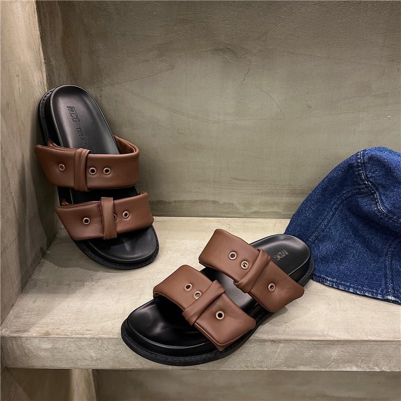 Fashion Shoes Slippers Soft Shallow Slipers Women Slides Med Platform Cover Toe Comfort 2025 Rome Rubber Fabric Spring Hoof Heels PU