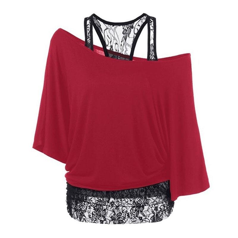 Size Plus Women Loose Vest Lace Stitching Oblique Collar Bat Tshirt Fashion