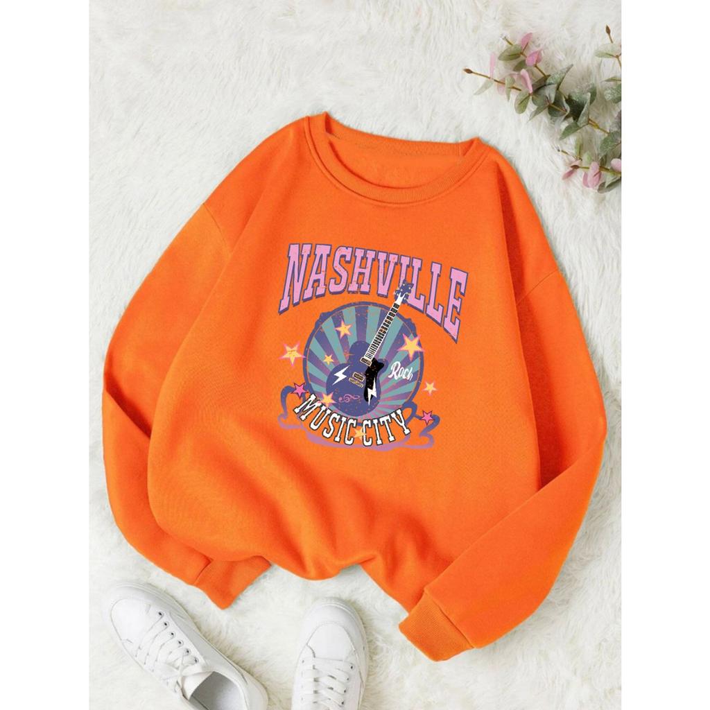 Street Woman Pullover Nashville Music Cith Poster Printing Hoodie Crewneck Loose Fleece Soft Sweatshirt Autumn Female Clothes