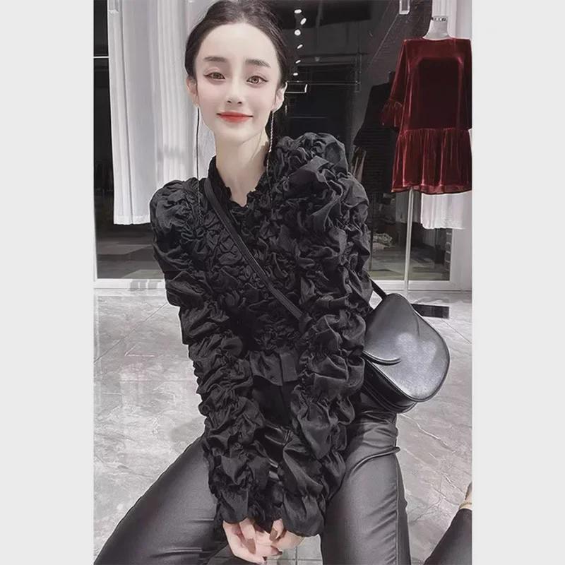 Women's European Palace Style Puff Sleeve Pleated Top for Autumn/Winter
