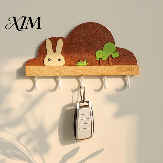 Wall Hooks for Leashes Solid Wood Key Holder with 5 Hooks, Decorative Mounted Adhesive Rack, Space Saving Organizer Entryway Kitchen And Office