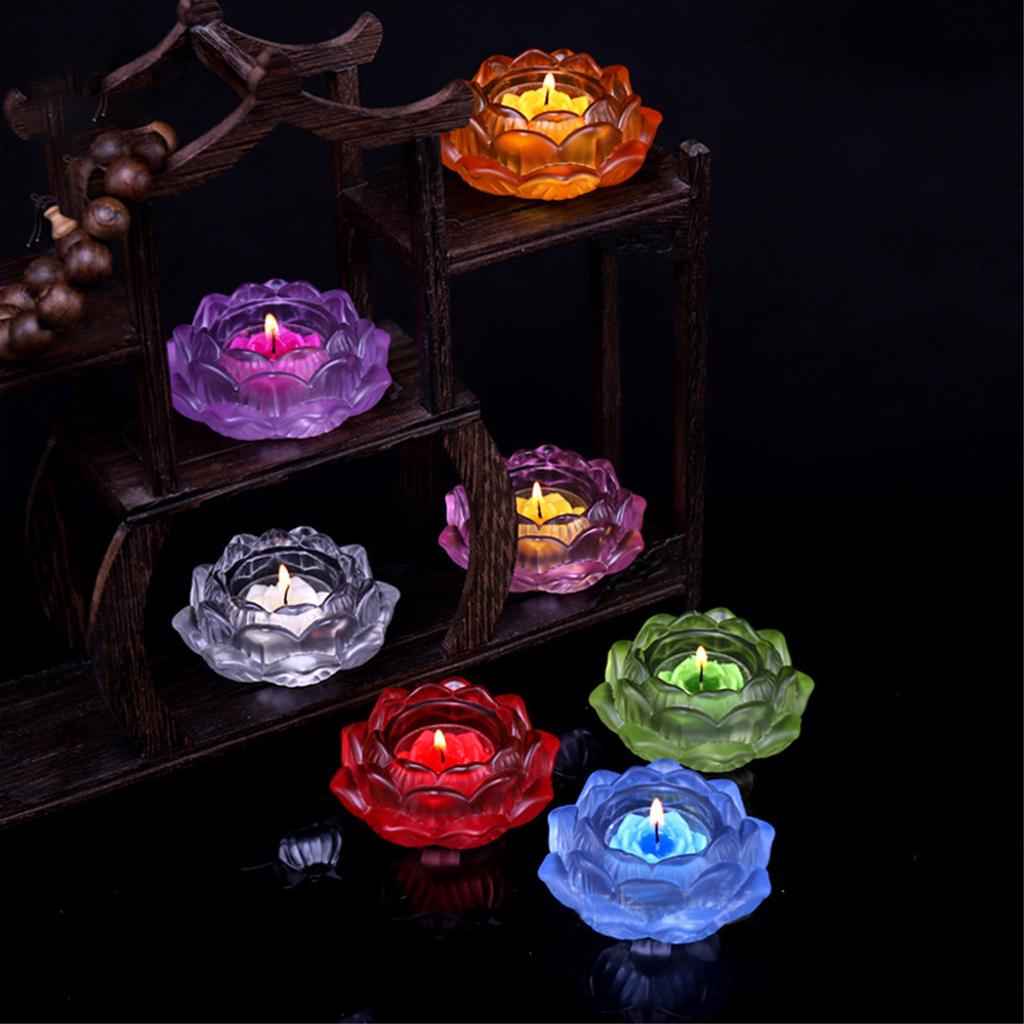 7 Colors Crystal Glass Lotu Flower Candle Tea Light Holder Buddhist Candlestick