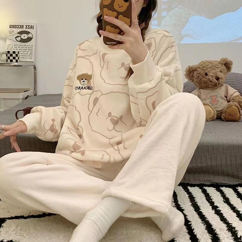 Women's Autumn Winter Flannel Lounge Sets Womens Cute Sheep Printing Princess Home Wear Round Neck Long Sleeve Women's Two Piece Set