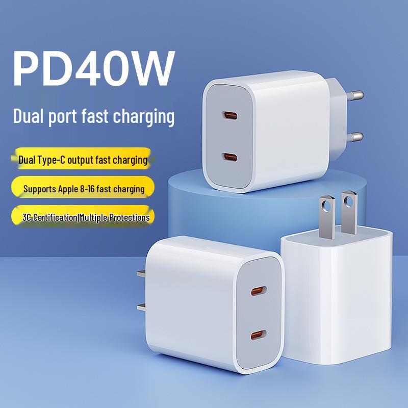 Быстрое зарядное устройство PD40W с двумя портами USB-C для устройств Apple - Стандарт США/ЕС, двойной порт