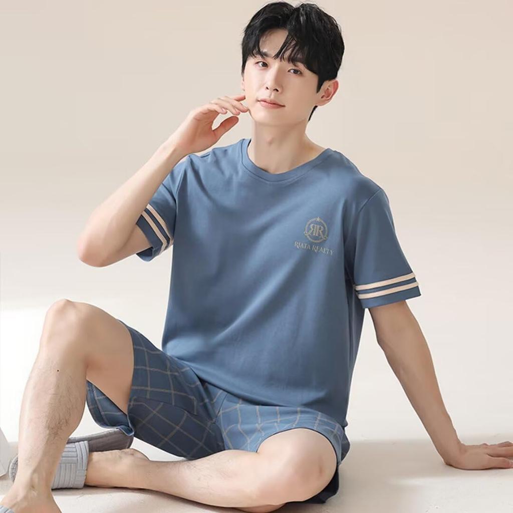 Yucahype Летний хлопковый топ и низ в клетку Свободные короткие пижамы для весны и осени Мужская пижама, Комплект, Домашняя одежда, Комплект из 2 предметов, Узор, Посадка,