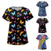 Women Fashion Butterfly Print V-neck Short Sleeve Workwear With Pockets Tops