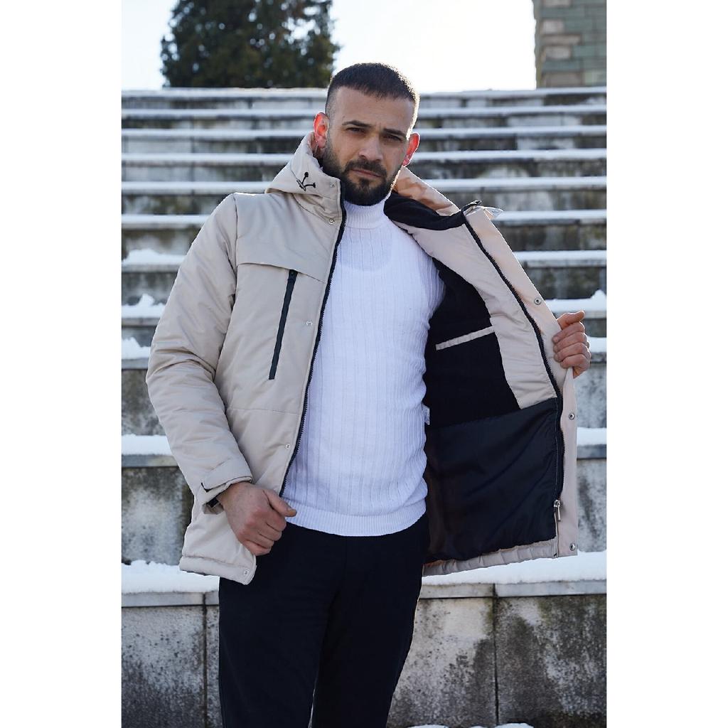 Мужское черное флисовое зимнее пальто с водо- и ветрозащитным капюшоном