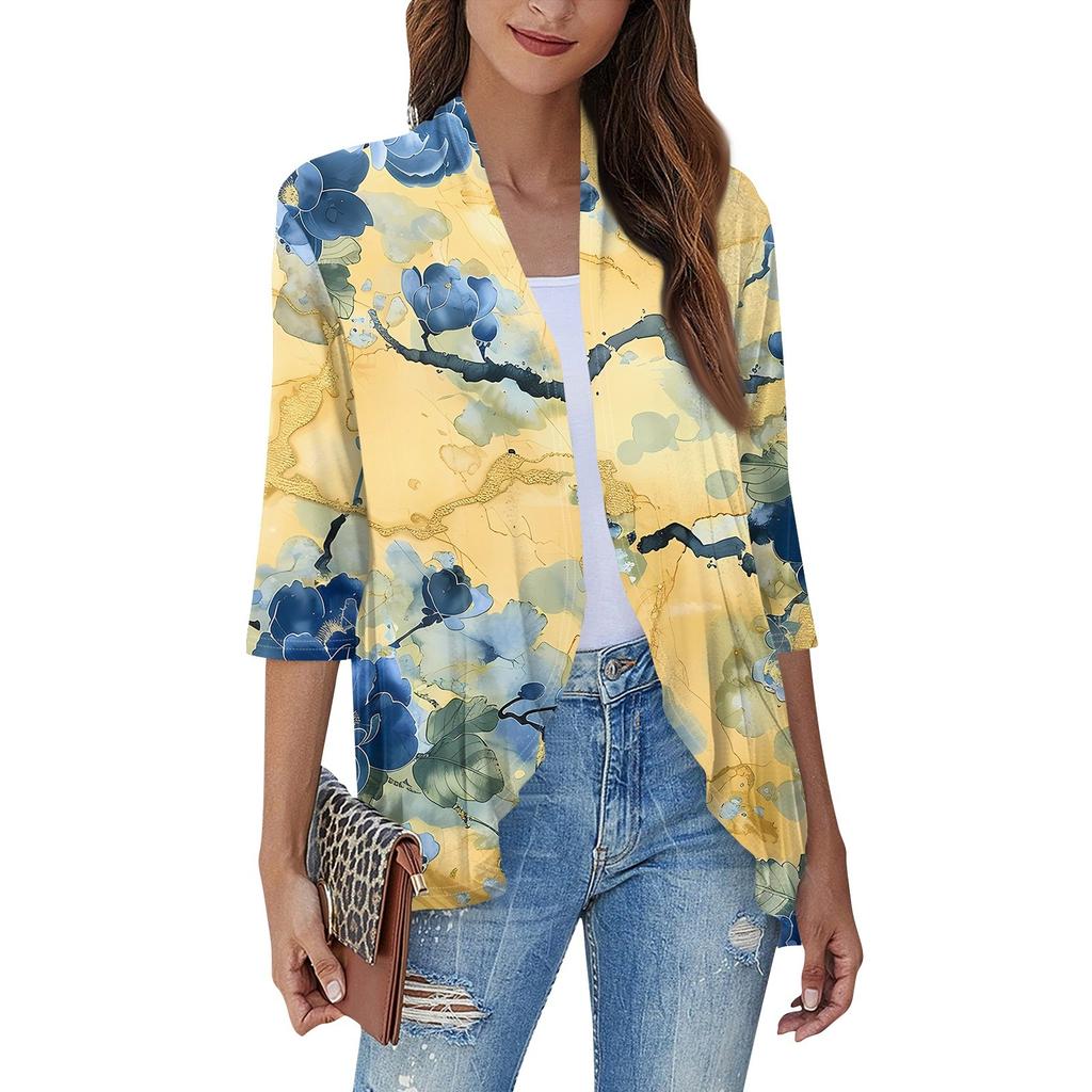 Women'S Casual Daily Cropped Sleeve Printed Shirt Top Soft Drape Ruffle Cardigan