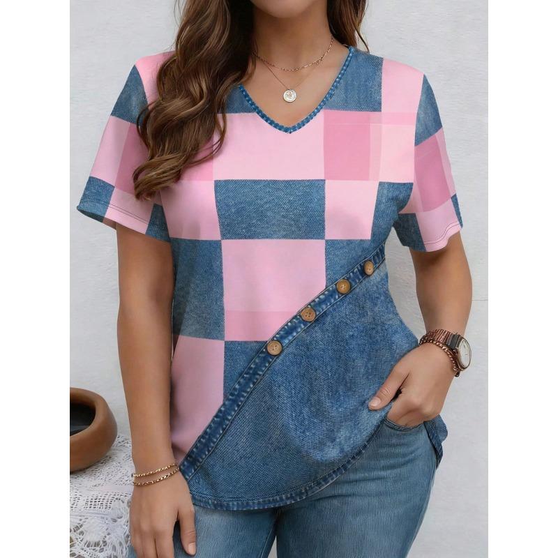 Women's T-shirt Retro T-shirt Summer Clothing Denim 3D Printed Top Large V-neck Street Casual Sports Loose Tops