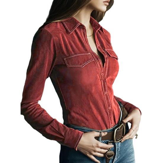 Женская рубашка с лацканами, длинным рукавом, застежкой на пуговицы, приталенного кроя, с замшевой текстурой, в стиле ретро, однотонная, повседневная, топы