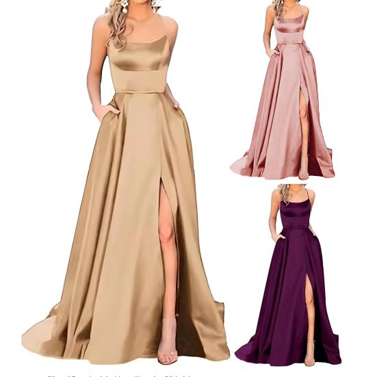 Женское выпускное платье на тонких бретельках без рукавов, вечернее платье макси с открытой спиной и боковыми разрезами, свадебное вечернее платье