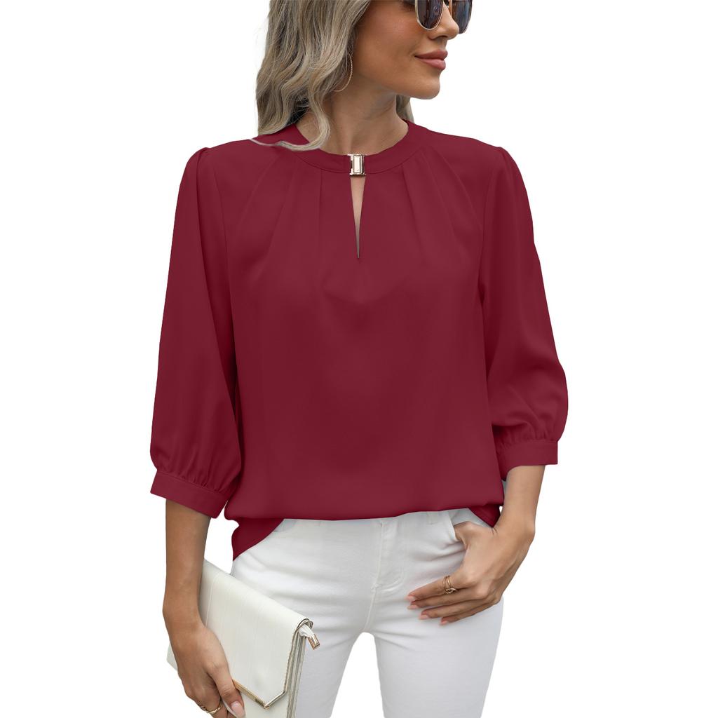 Женская весна-лето с коротким рукавом и круглым вырезом, однотонная рубашка-пуловер, блузка, топ