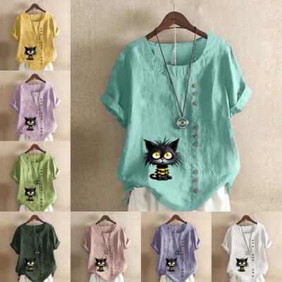 Женская модная футболка с коротким рукавом и принтом кота, свободная хлопковая рубашка, повседневная свободная летняя блузка, топы больших размеров