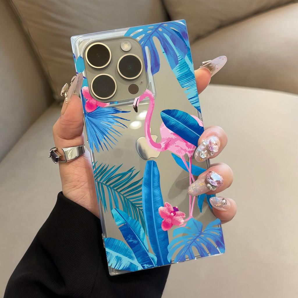 Clear Square Back Tube Case Protection For iPhone 11 15 Plus 14 Pro Max 13 16 ProMax 12 Anti-Oxygen,Blue Leaf Flamingo Pattern Casing