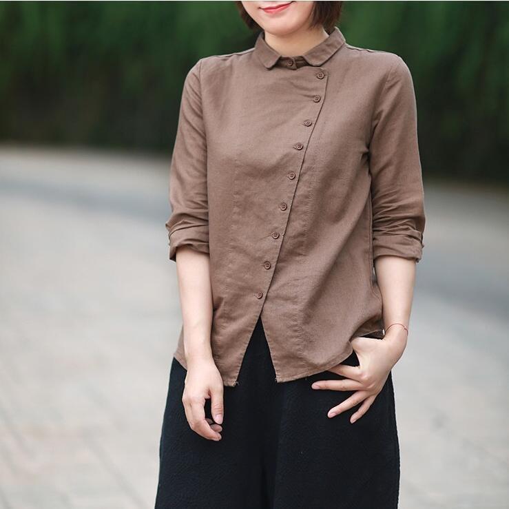 Женская рубашка из хлопка и льна, литературная рубашка, косая однотонная повседневная льняная рубашка с лацканами