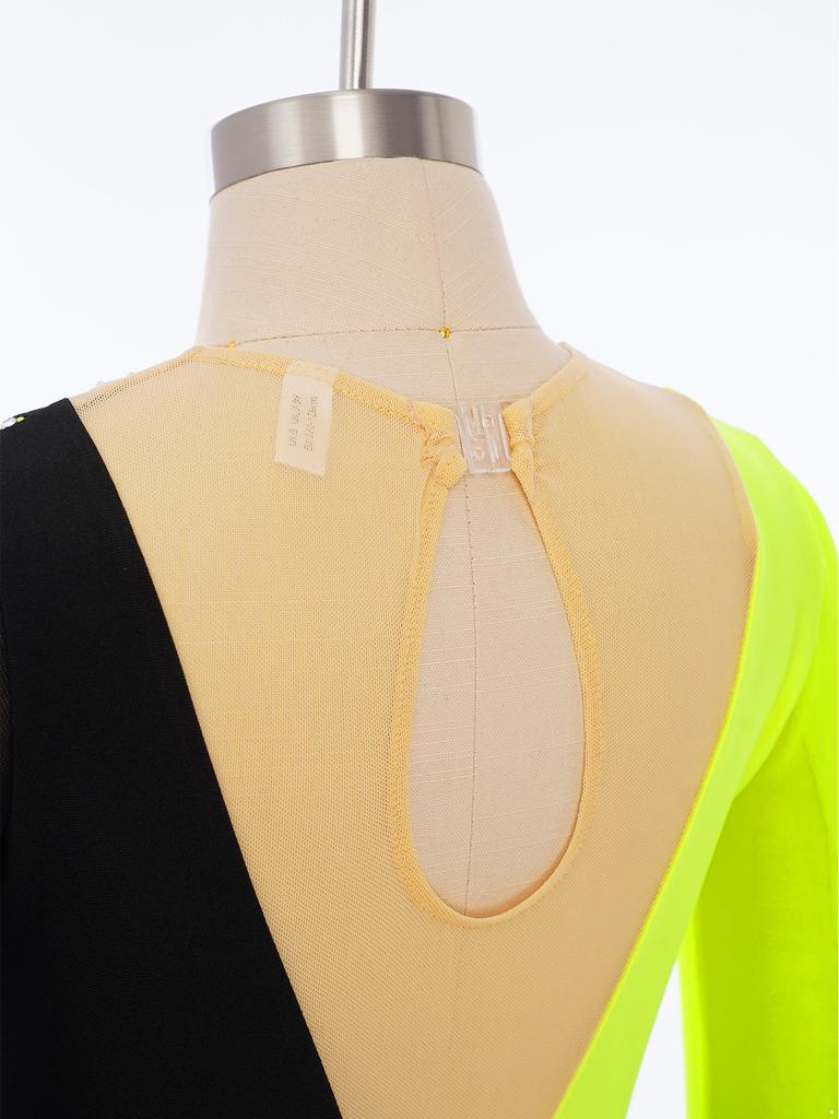 Girls Mesh Long Sleeves Keyhole Back Shiny Rhinestones Color Block Dance Jumpsuit Gymnastics Performance Costume