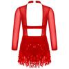 Girls Dance Costume Mesh Long Sleeve Shiny Sequins Hollow Back Patchwork Style Tassel Dress