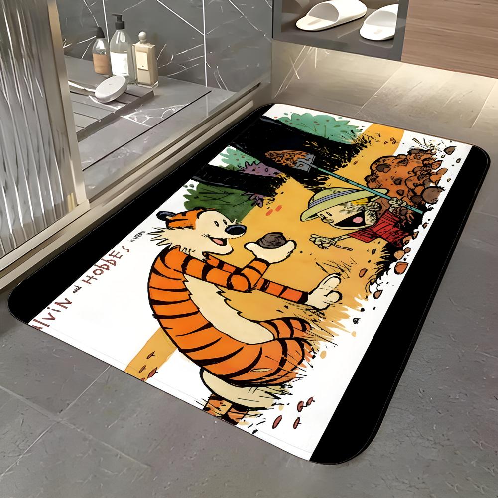 C-Calvin And Hobbes Self-adhesive Art Floor Mat Soft Flannel Entrance Door Mat Non Slip Absorbent Bathroom Bedroom Floor Rug