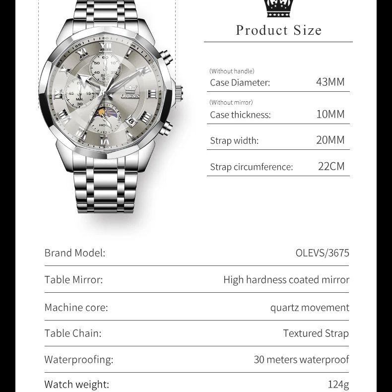 OLEVS 3675 Men Watch Brand Business Stainless Steel Date Chronograph Luxury Waterproof Moonphase Men Quartz Watch Reloj Hombre