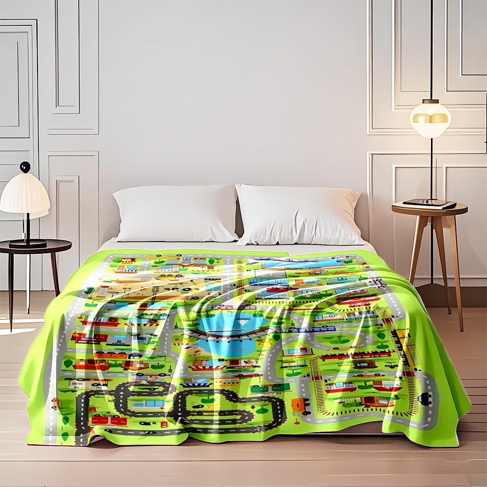 Colorful Cartoon Town Map with Roads and Buildings, Flannel blanket for bedroom, living room, sofa, and nap sofas.