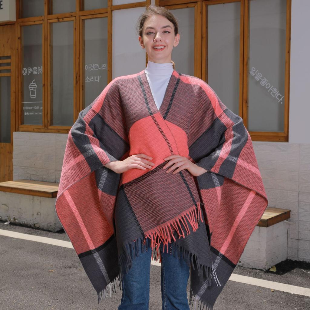 Classic Line Plaid Shawl, New Autumn and Winter Women's Thickened Knitted Cardigan Cape